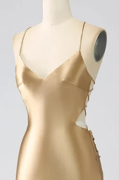 Sereia Dourada Esparguete Correias Cetim Longo Vestido de Baile com Renda-up Costas