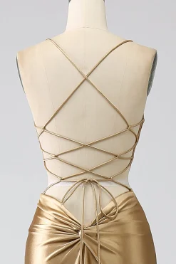Sereia Dourada Esparguete Correias Cetim Longo Vestido de Baile com Renda-up Costas