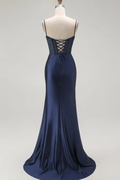 Sereia Dourada Espartilho Plissado Longo Vestido de Baile com Fenda