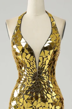 Sereia Dourada Halter Deep V-Neck Backless Espelho Prom Dress Com Fenda Alta