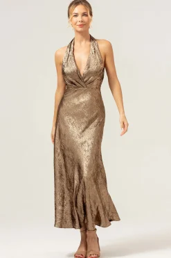 Sereia Dourada Halter Neck Backless Tea Length Vestido Madrinha