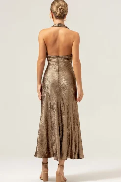 Sereia Dourada Halter Neck Backless Tea Length Vestido Madrinha