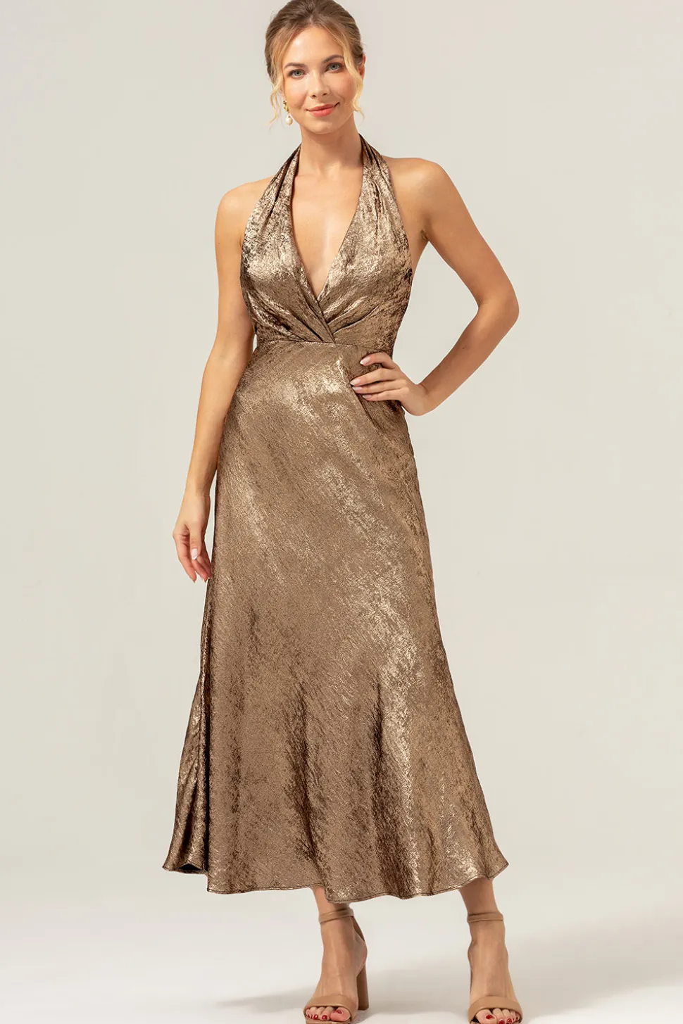 Sereia Dourada Halter Neck Backless Tea Length Vestido Madrinha