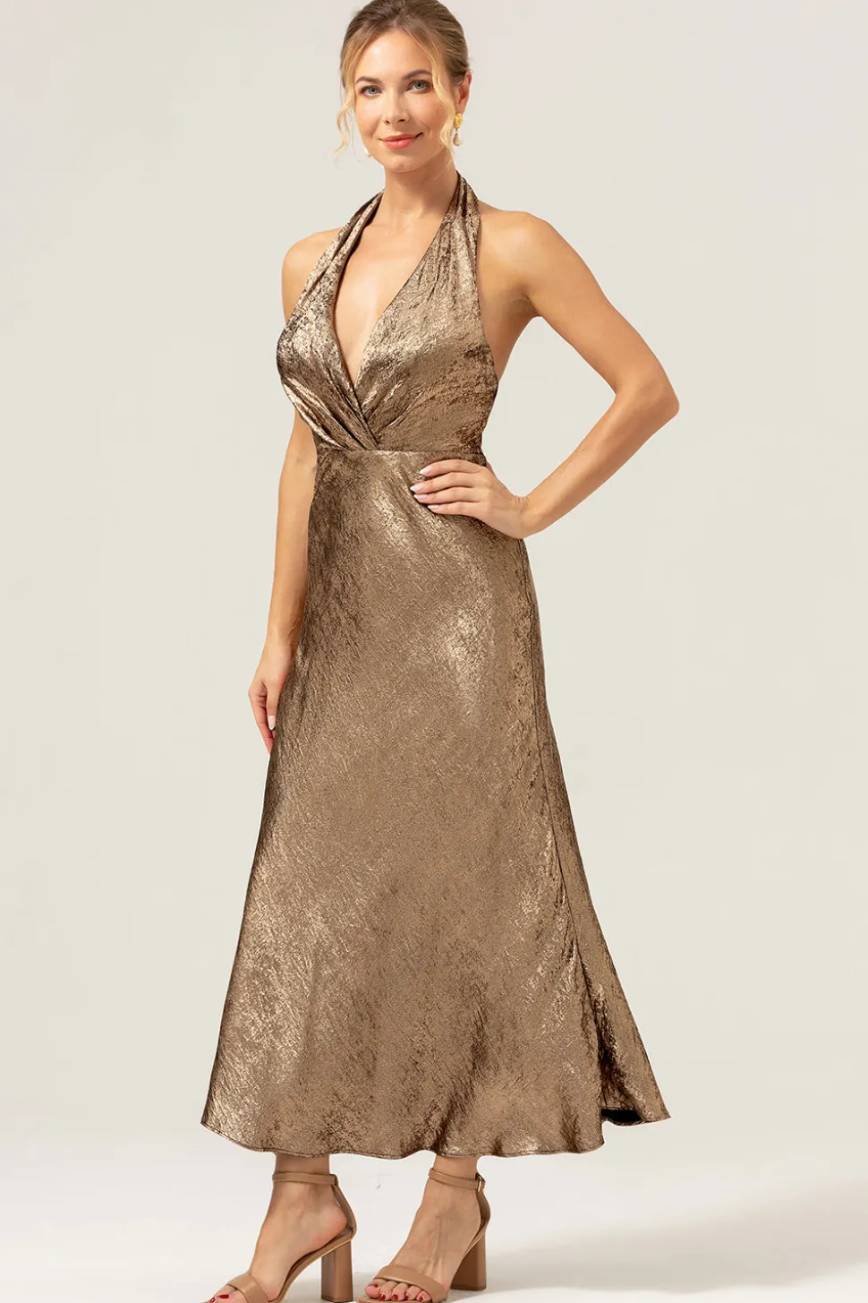 Sereia Dourada Halter Neck Backless Tea Length Vestido Madrinha
