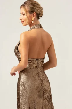 Sereia Dourada Halter Neck Backless Tea Length Vestido Madrinha