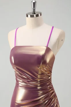 Sereia Dourada Metálica Esparguete Correias Longo Vestido de Baile com Fenda