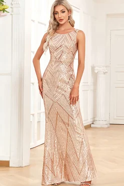 Sereia Dourada Pescoço Redondo Sequins Long Prom Dress