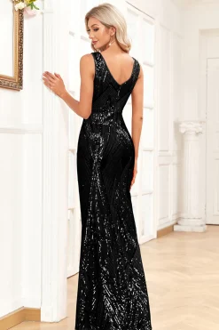 Sereia Dourada Pescoço Redondo Sequins Long Prom Dress
