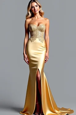 Sereia dourada querida vestido de baile com fenda
