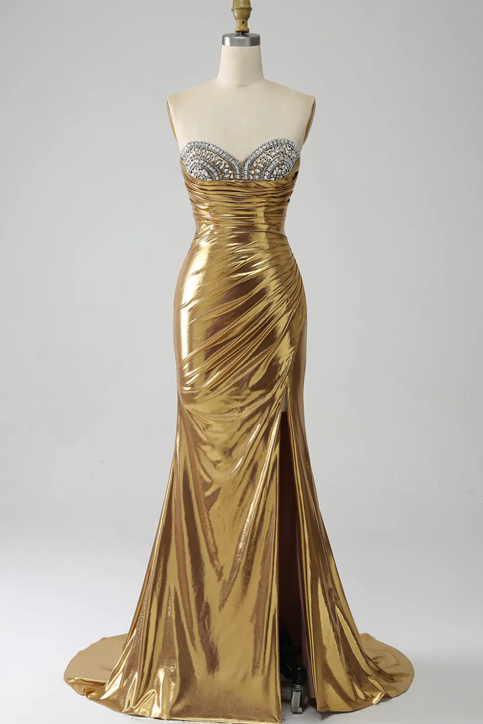 Sereia Dourada Strapless Long Prom Dress com Fenda
