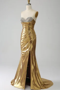 Sereia Dourada Strapless Long Prom Dress com Fenda