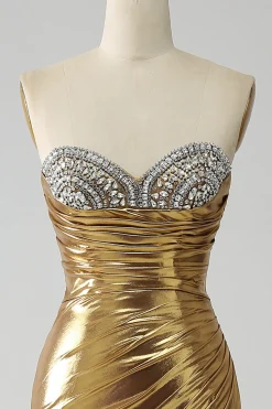 Sereia Dourada Strapless Long Prom Dress com Fenda