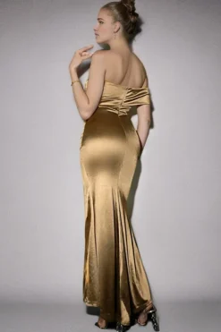 Sereia Dourada Um Ombro Ruched Long Formal Dress com Fenda
