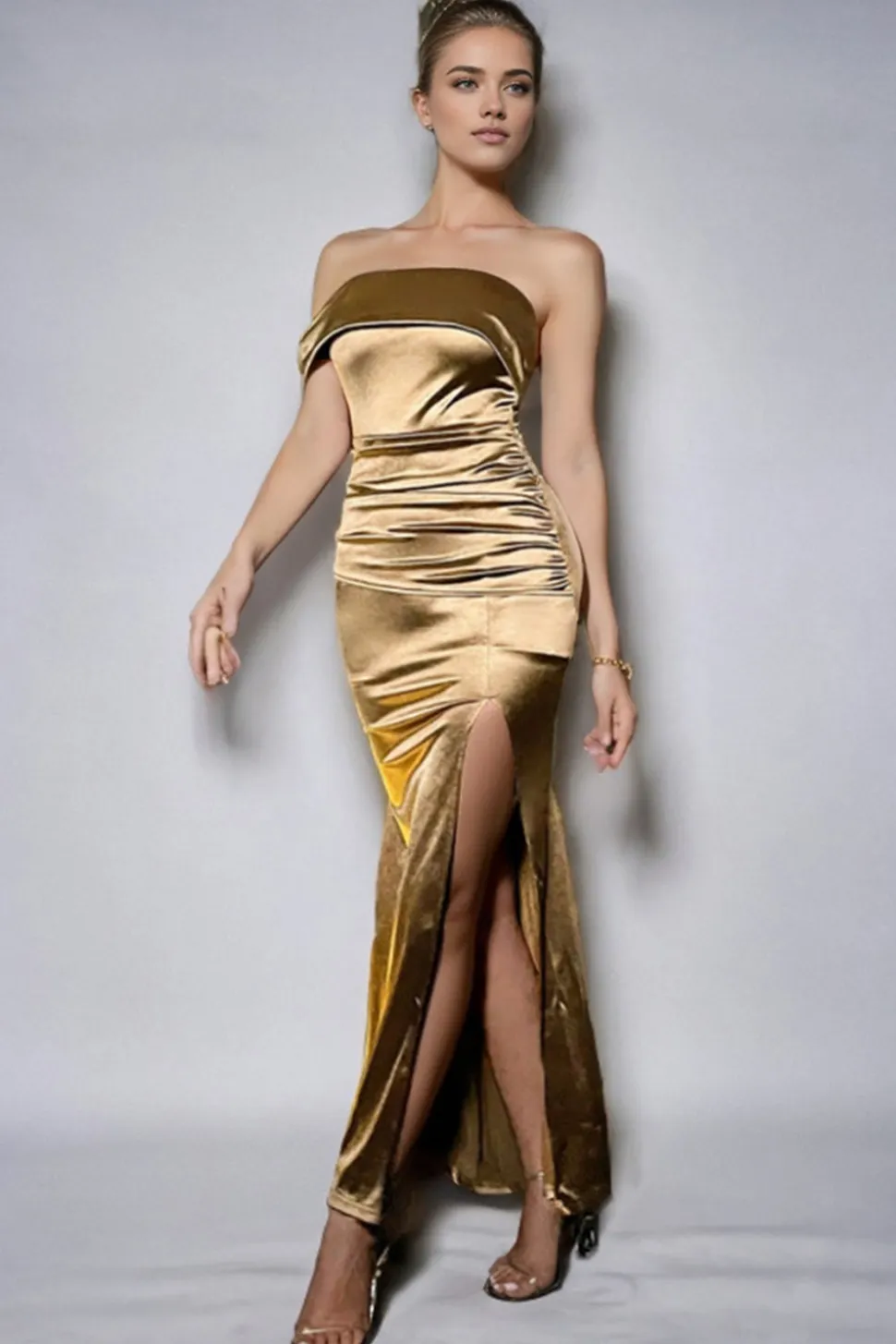 Sereia Dourada Um Ombro Ruched Long Formal Dress com Fenda