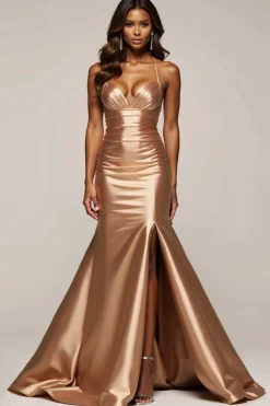 Sereia Dourado Alças Finas Cetim Longo Vestido De Baile com Fenda