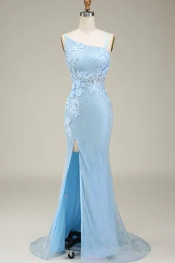 Sereia elegante azul claro longo vestido de baile com apliques