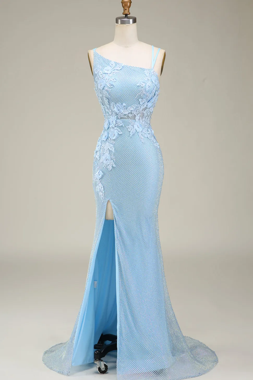 Sereia elegante azul claro longo vestido de baile com apliques