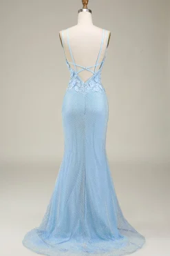 Sereia elegante azul claro longo vestido de baile com apliques