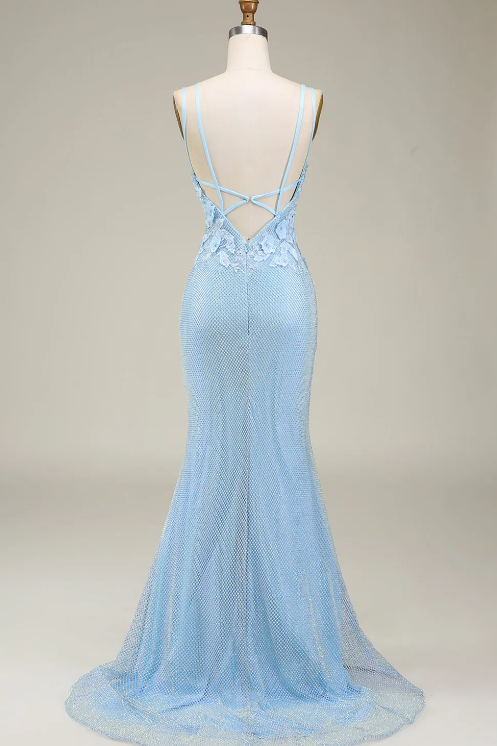 Sereia elegante azul claro longo vestido de baile com apliques