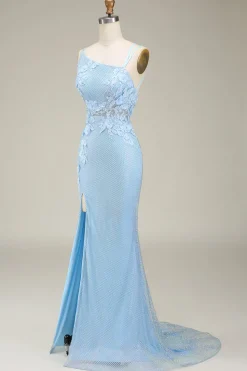Sereia elegante azul claro longo vestido de baile com apliques