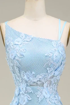 Sereia elegante azul claro longo vestido de baile com apliques