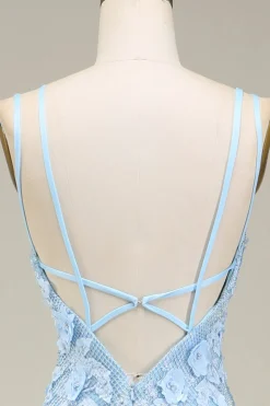 Sereia elegante azul claro longo vestido de baile com apliques