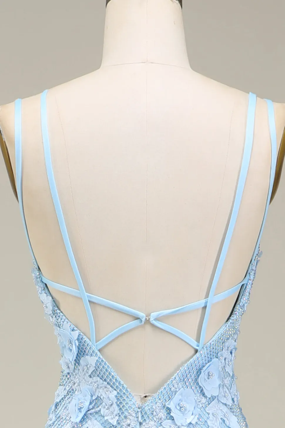 Sereia elegante azul claro longo vestido de baile com apliques
