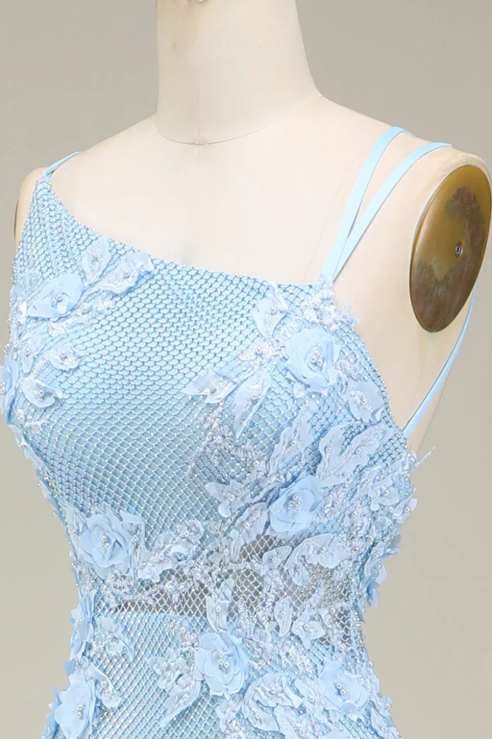 Sereia elegante azul claro longo vestido de baile com apliques