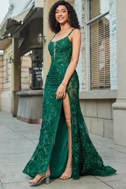 Sereia elegante espaguete correias verde escuro longo vestido de baile com apliques