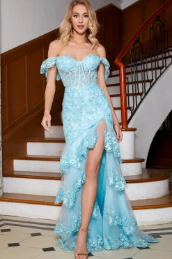 Sereia elegante fora do ombro Sky Blue Long Prom Dress com babados de renda