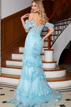 Sereia elegante fora do ombro Sky Blue Long Prom Dress com babados de renda