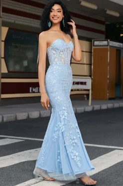 Sereia Elegante Querida Espartilho Azul Claro Vestido de Baile de Formatura com Apliques
