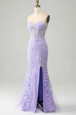 Sereia Elegante Querida Espartilho Azul Claro Vestido de Baile de Formatura com Apliques