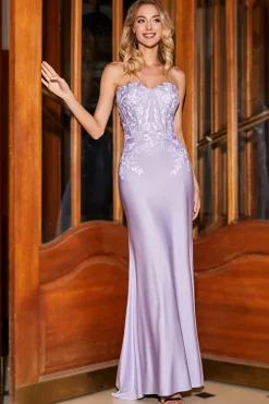 Sereia elegante querida vestido de baile de formatura de espartilho lilás com apliques de renda