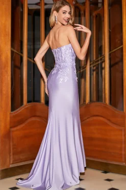 Sereia elegante querida vestido de baile de formatura de espartilho lilás com apliques de renda