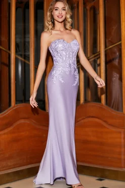 Sereia elegante querida vestido de baile de formatura de espartilho lilás com apliques de renda