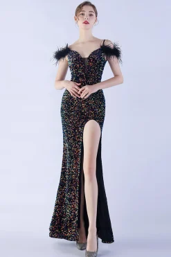 Sereia Esparguete Alças Lantejoulas Vestido de Noite Formal Com Penas