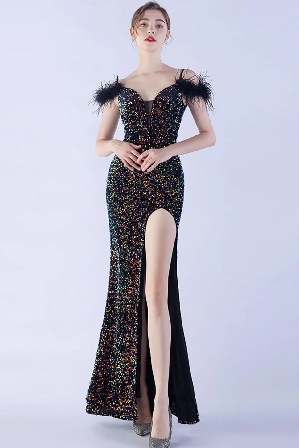 Sereia Esparguete Alças Lantejoulas Vestido de Noite Formal Com Penas