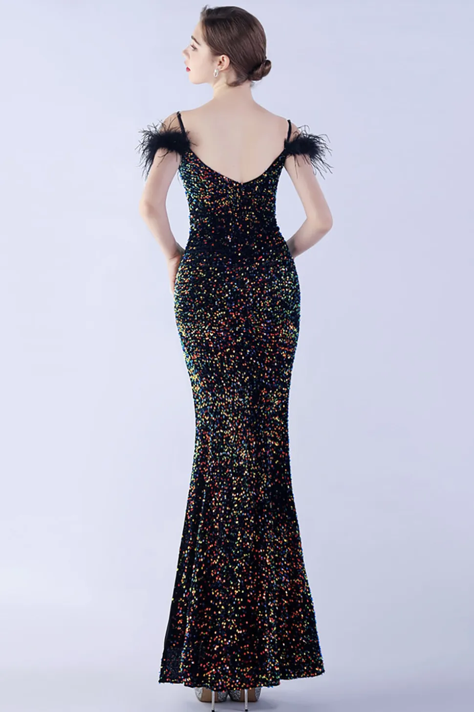 Sereia Esparguete Alças Lantejoulas Vestido de Noite Formal Com Penas