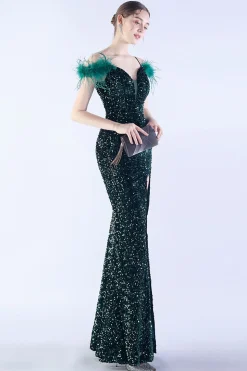 Sereia Esparguete Alças Lantejoulas Vestido de Noite Formal Com Penas