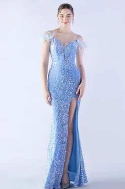 Sereia Esparguete Alças Lantejoulas Vestido de Noite Formal Com Penas