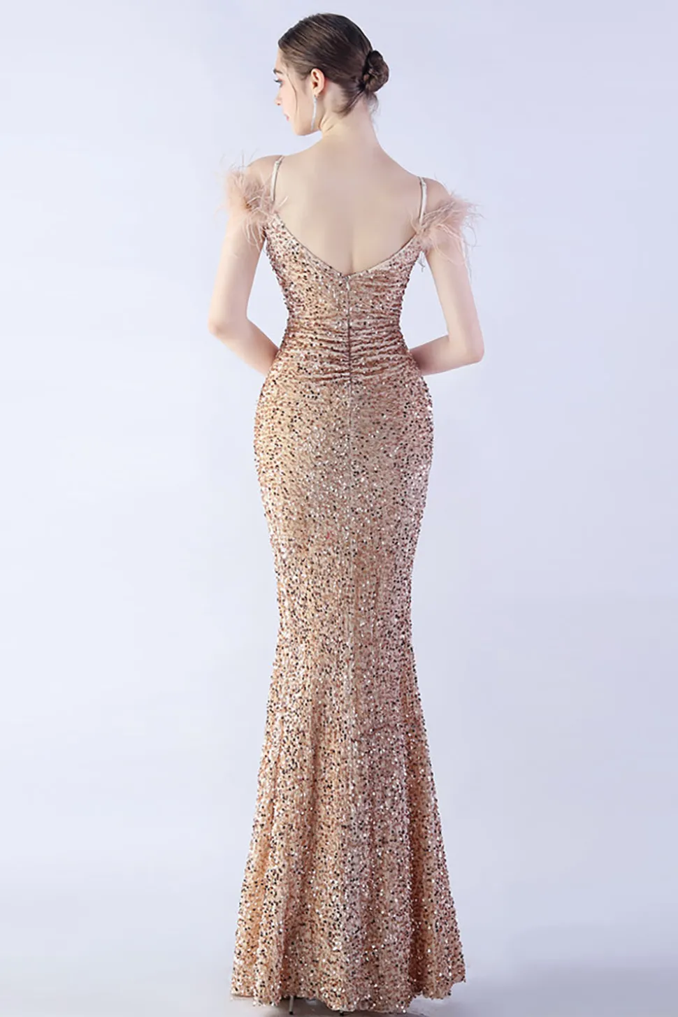 Sereia Esparguete Alças Lantejoulas Vestido de Noite Formal Com Penas