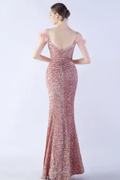 Sereia Esparguete Alças Lantejoulas Vestido de Noite Formal Com Penas