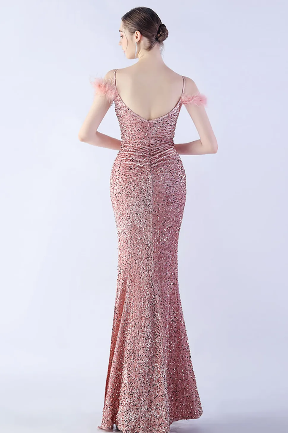Sereia Esparguete Alças Lantejoulas Vestido de Noite Formal Com Penas