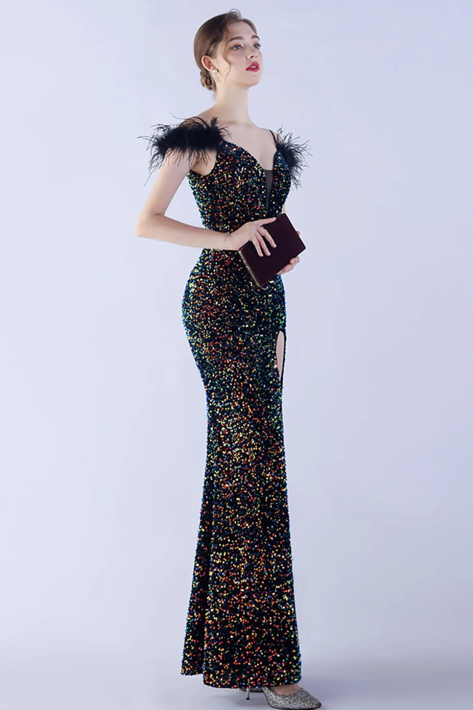 Sereia Esparguete Alças Lantejoulas Vestido de Noite Formal Com Penas