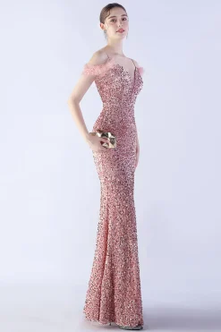 Sereia Esparguete Alças Lantejoulas Vestido de Noite Formal Com Penas