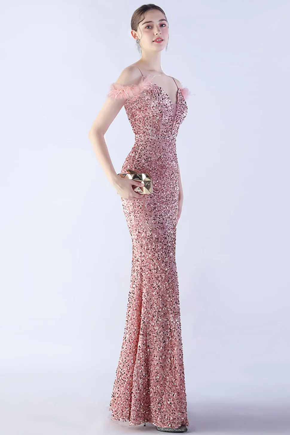 Sereia Esparguete Alças Lantejoulas Vestido de Noite Formal Com Penas