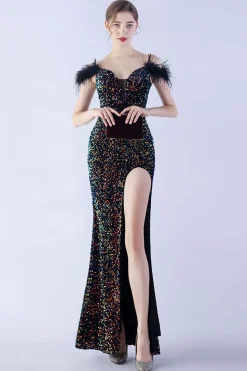 Sereia Esparguete Alças Lantejoulas Vestido de Noite Formal Com Penas
