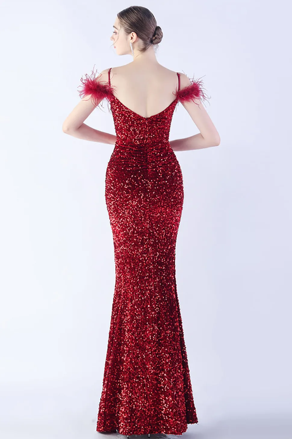Sereia Esparguete Alças Lantejoulas Vestido de Noite Formal Com Penas
