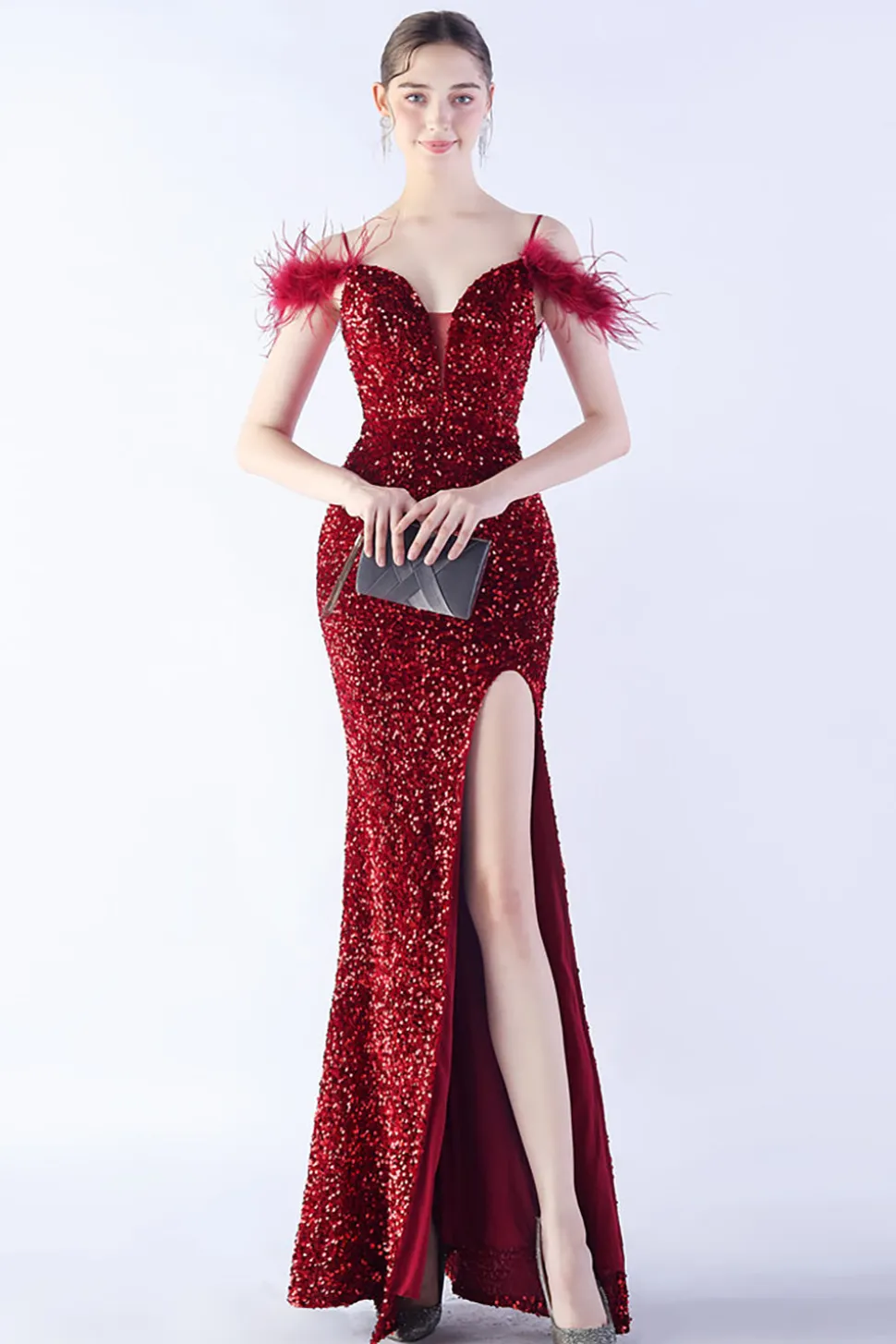 Sereia Esparguete Alças Lantejoulas Vestido de Noite Formal Com Penas